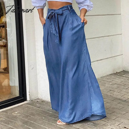 European And American Summer New Elegant Tie High Waist Wide Leg Pants Casual Loose Large Size Denim Trousers Women