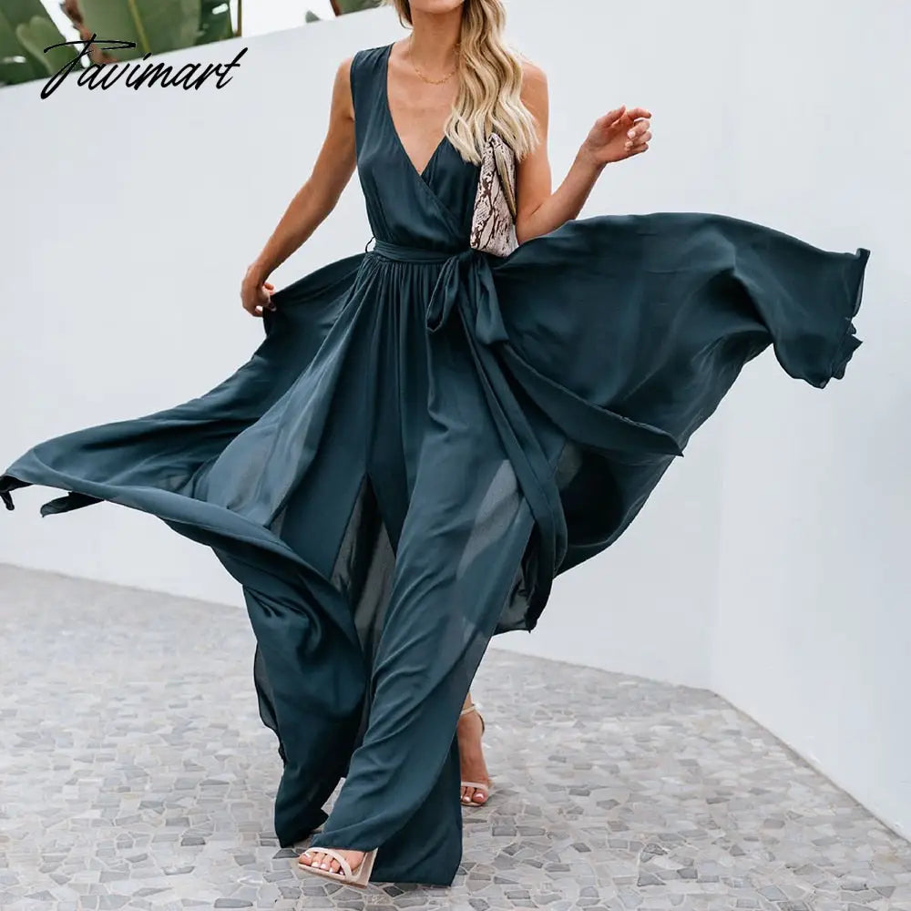 European And American Summer New Women's Clothing Solid Color V-Neck Sleeveless Dress Mid Waist Elegant Slit Large Swing Dress