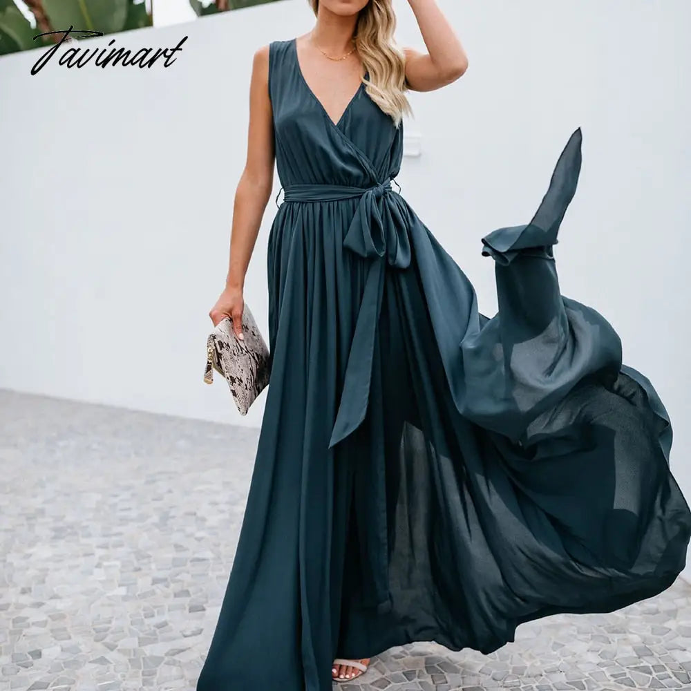European And American Summer New Women's Clothing Solid Color V-Neck Sleeveless Dress Mid Waist Elegant Slit Large Swing Dress