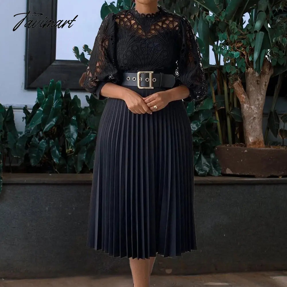 European And American Summer New Women's Fashion Lace Sexy Loose Hollow Pleated Belt Dress For Women
