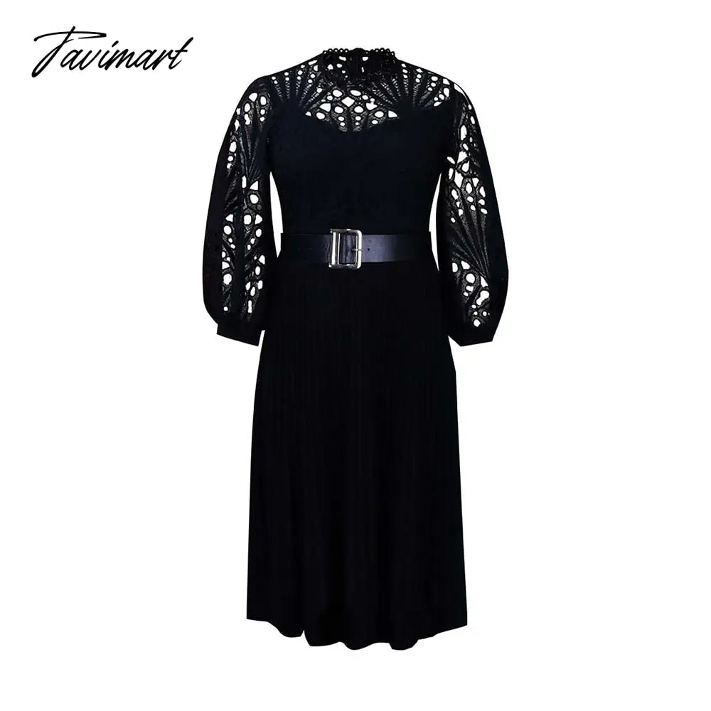 European And American Summer New Women's Fashion Lace Sexy Loose Hollow Pleated Belt Dress For Women