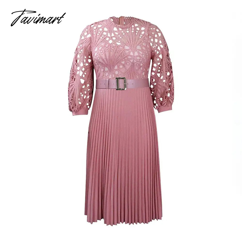 European And American Summer New Women's Fashion Lace Sexy Loose Hollow Pleated Belt Dress For Women