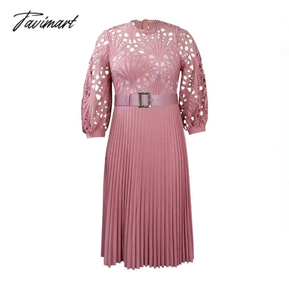 European And American Summer New Women's Fashion Lace Sexy Loose Hollow Pleated Belt Dress For Women