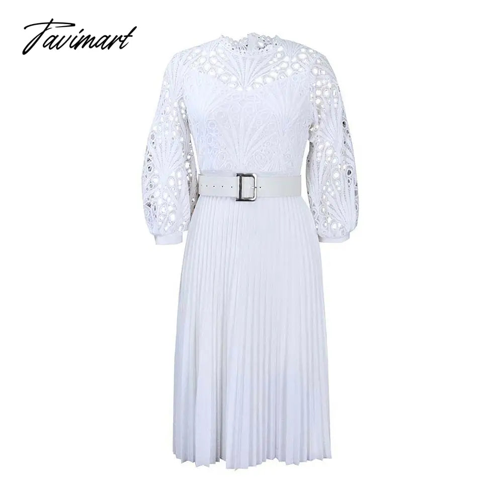European And American Summer New Women's Fashion Lace Sexy Loose Hollow Pleated Belt Dress For Women