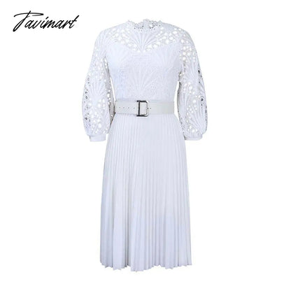 European And American Summer New Women's Fashion Lace Sexy Loose Hollow Pleated Belt Dress For Women