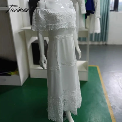 European And American Summer New Women's Fashion Solid Color Bohemian One Neck Splicing Lace Package Hip Dress For Women