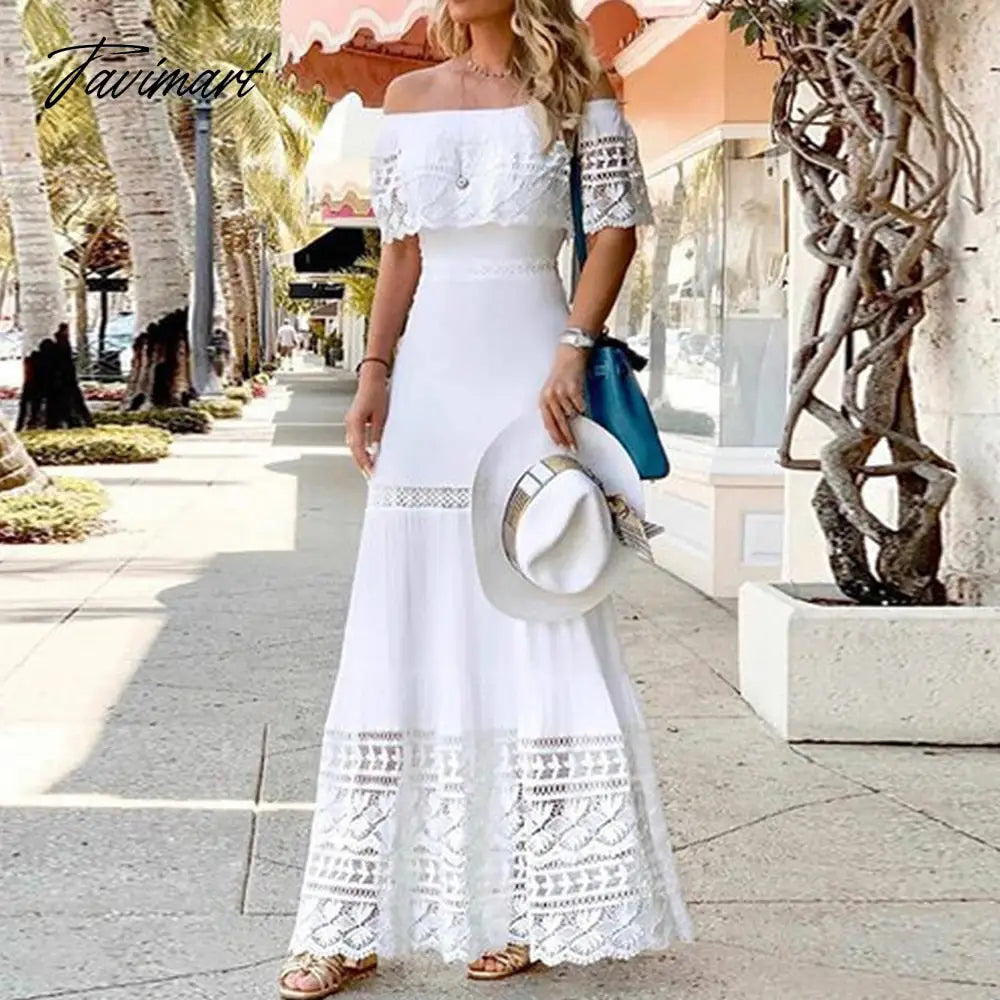 European And American Summer New Women's Fashion Solid Color Bohemian One Neck Splicing Lace Package Hip Dress For Women