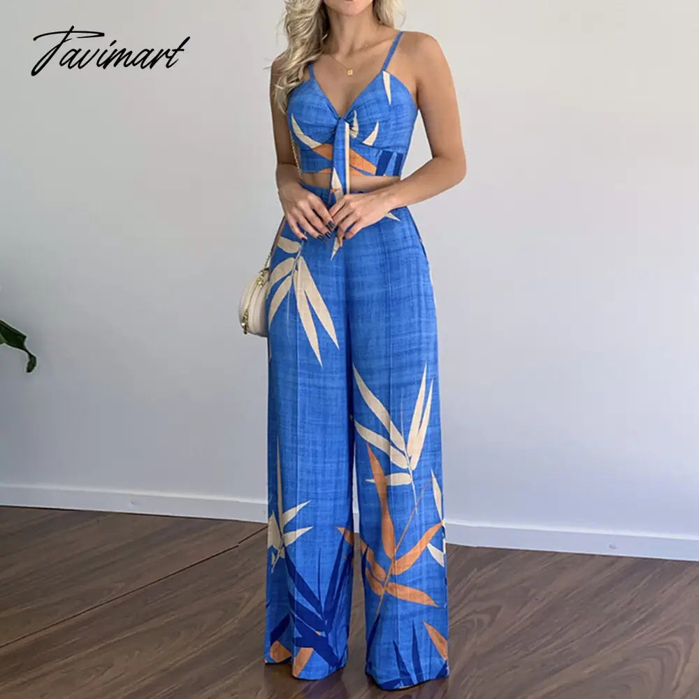 European And American Women's New Linen Like Casual Suit V-Neck Short Vest High Waist Printed Wide Leg Pants Two Piece Suit