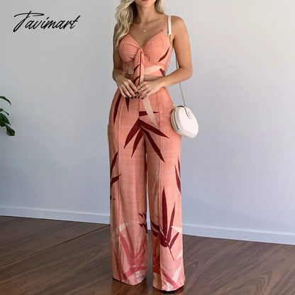 European And American Women's New Linen Like Casual Suit V-Neck Short Vest High Waist Printed Wide Leg Pants Two Piece Suit