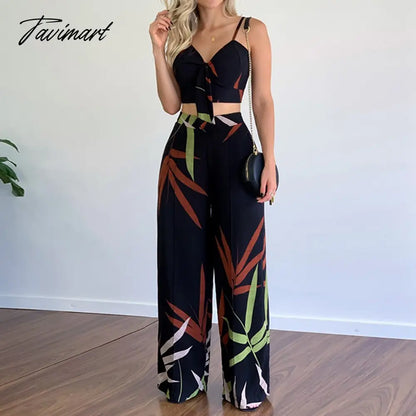 European And American Women's New Linen Like Casual Suit V-Neck Short Vest High Waist Printed Wide Leg Pants Two Piece Suit