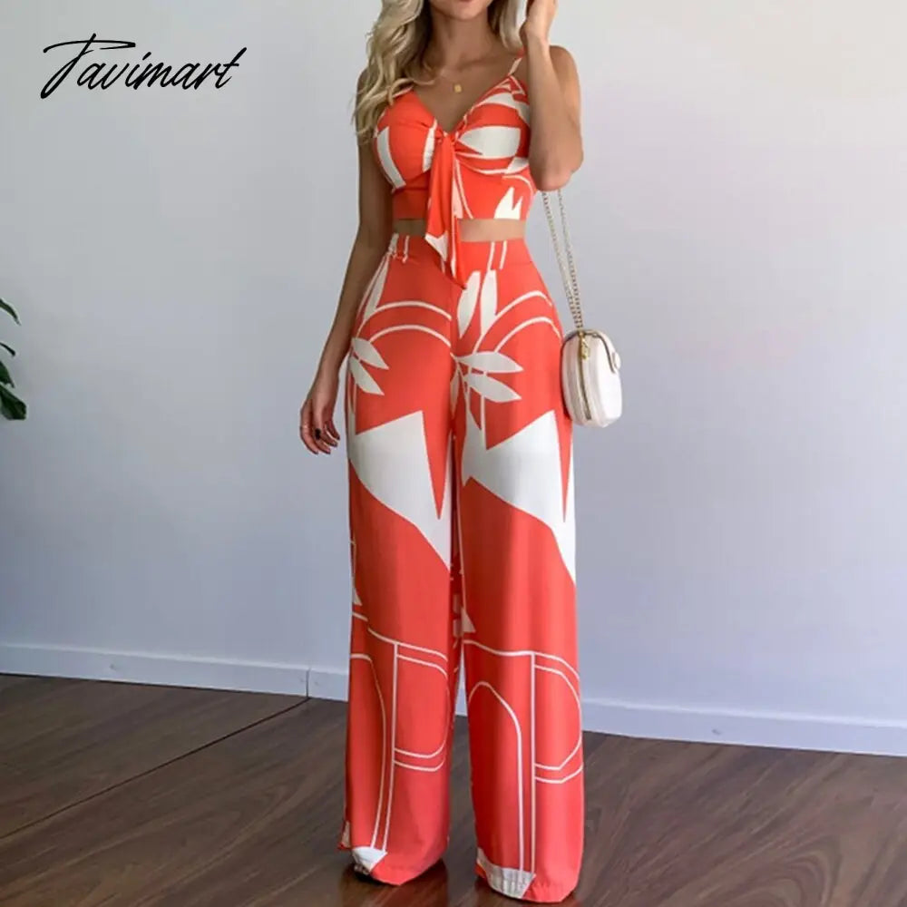 European And American Women's New Linen Like Casual Suit V-Neck Short Vest High Waist Printed Wide Leg Pants Two Piece Suit