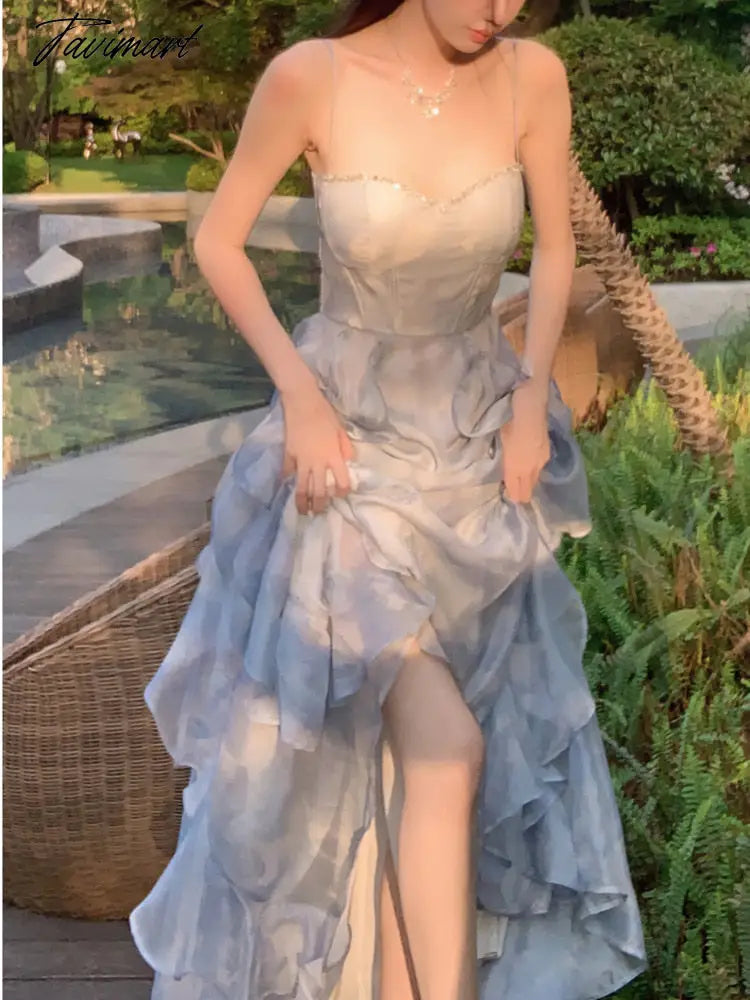 Evening Party Dress Summer Spaghetti Straps High Waist Ruffles Patchwork Print French Dresses Beach Holiday Fairy Long Dresses