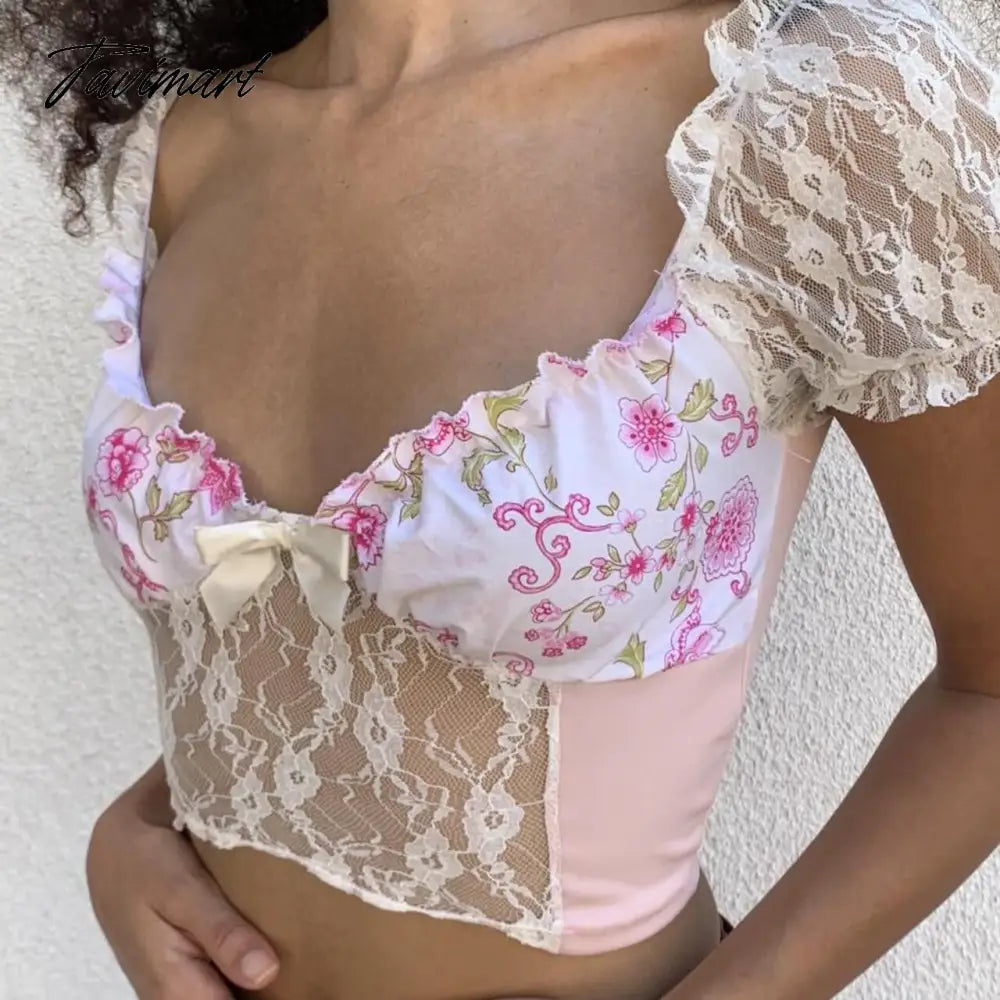 Fairy Cute Flower Print T-Shirts Summer Women Crops Tops Square Neck Lace Short Sleeve See-through Mini Tshirts y2k
