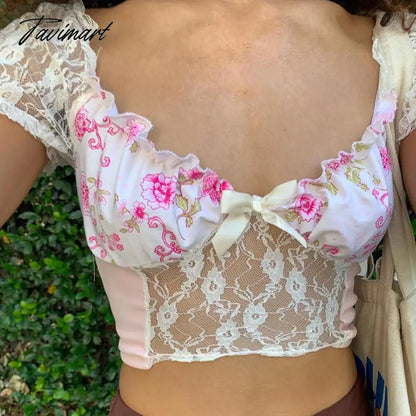 Fairy Cute Flower Print T-Shirts Summer Women Crops Tops Square Neck Lace Short Sleeve See-through Mini Tshirts y2k