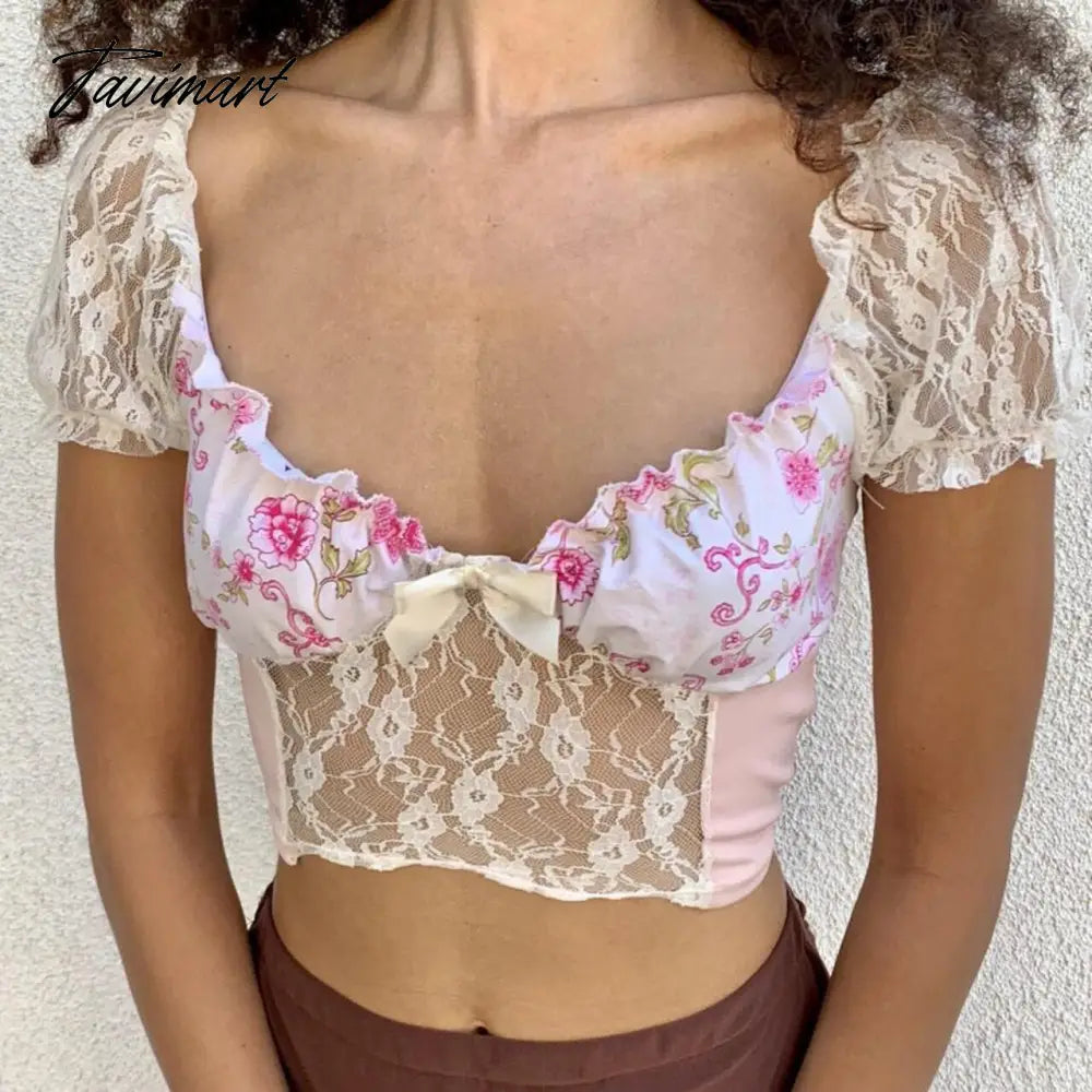 Fairy Cute Flower Print T-Shirts Summer Women Crops Tops Square Neck Lace Short Sleeve See-through Mini Tshirts y2k