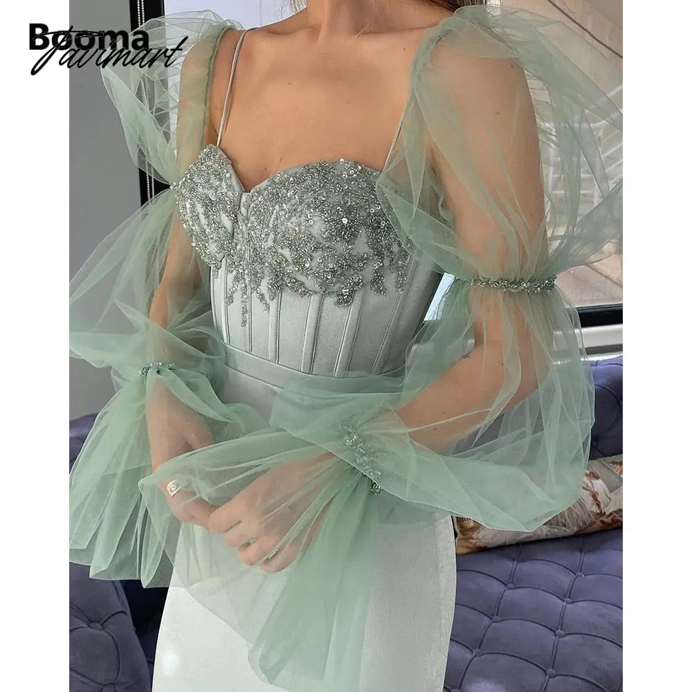 Fairy Mint Green Prom Dresses Sheer Long Sleeves Sweetheart Boning Sheath Evening Dresses Beaded Tea-Length Formal Gowns