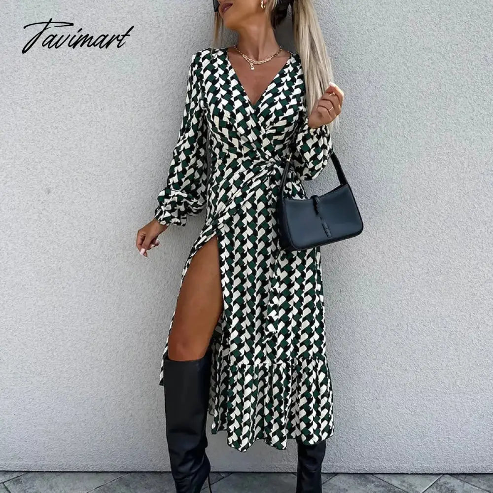Fall High Split A-line Dresses Spring Women Pattern Print V-neck Party Dress Office Long Sleeve Commuter Belt Waist Long Dress