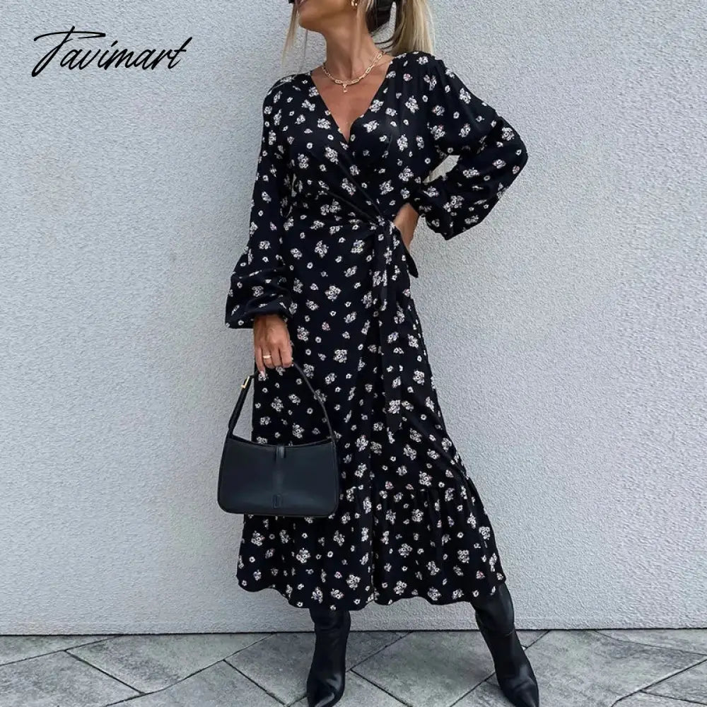 Fall High Split A-line Dresses Spring Women Pattern Print V-neck Party Dress Office Long Sleeve Commuter Belt Waist Long Dress