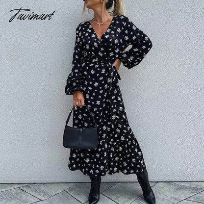 Fall High Split A-line Dresses Spring Women Pattern Print V-neck Party Dress Office Long Sleeve Commuter Belt Waist Long Dress