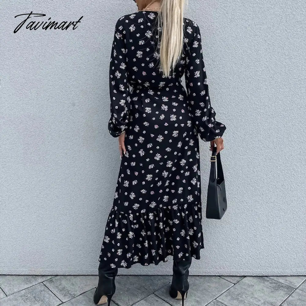 Fall High Split A-line Dresses Spring Women Pattern Print V-neck Party Dress Office Long Sleeve Commuter Belt Waist Long Dress