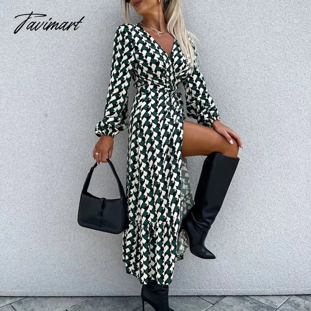 Fall High Split A-line Dresses Spring Women Pattern Print V-neck Party Dress Office Long Sleeve Commuter Belt Waist Long Dress