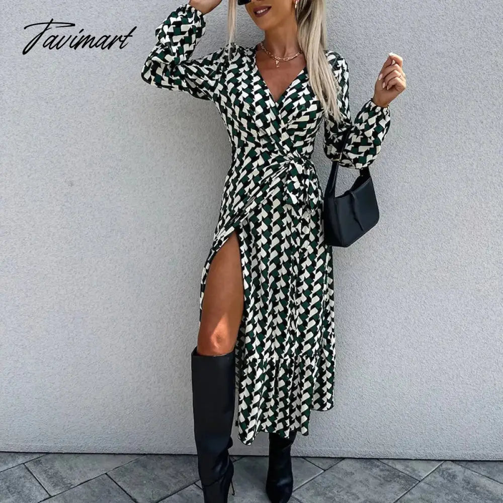 Fall High Split A-line Dresses Spring Women Pattern Print V-neck Party Dress Office Long Sleeve Commuter Belt Waist Long Dress