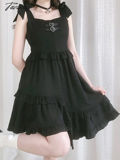 Fashion Black Gothic Punk Lolita Girls Suspender Pleated Dress Sexy Sweet Female Asymmetric Summer Loli Jsk