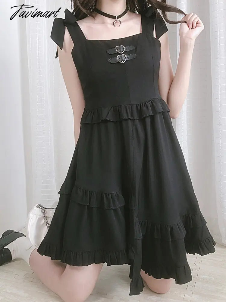 Fashion Black Gothic Punk Lolita Girls Suspender Pleated Dress Sexy Sweet Female Asymmetric Summer Loli Jsk