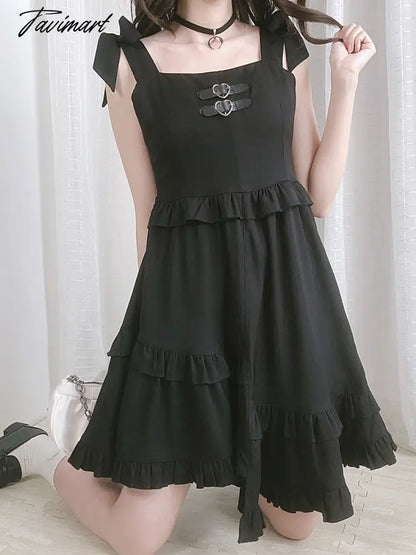 Fashion Black Gothic Punk Lolita Girls Suspender Pleated Dress Sexy Sweet Female Asymmetric Summer Loli Jsk