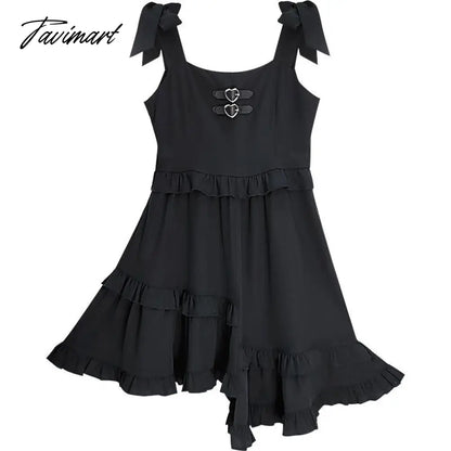 Fashion Black Gothic Punk Lolita Girls Suspender Pleated Dress Sexy Sweet Female Asymmetric Summer Loli Jsk