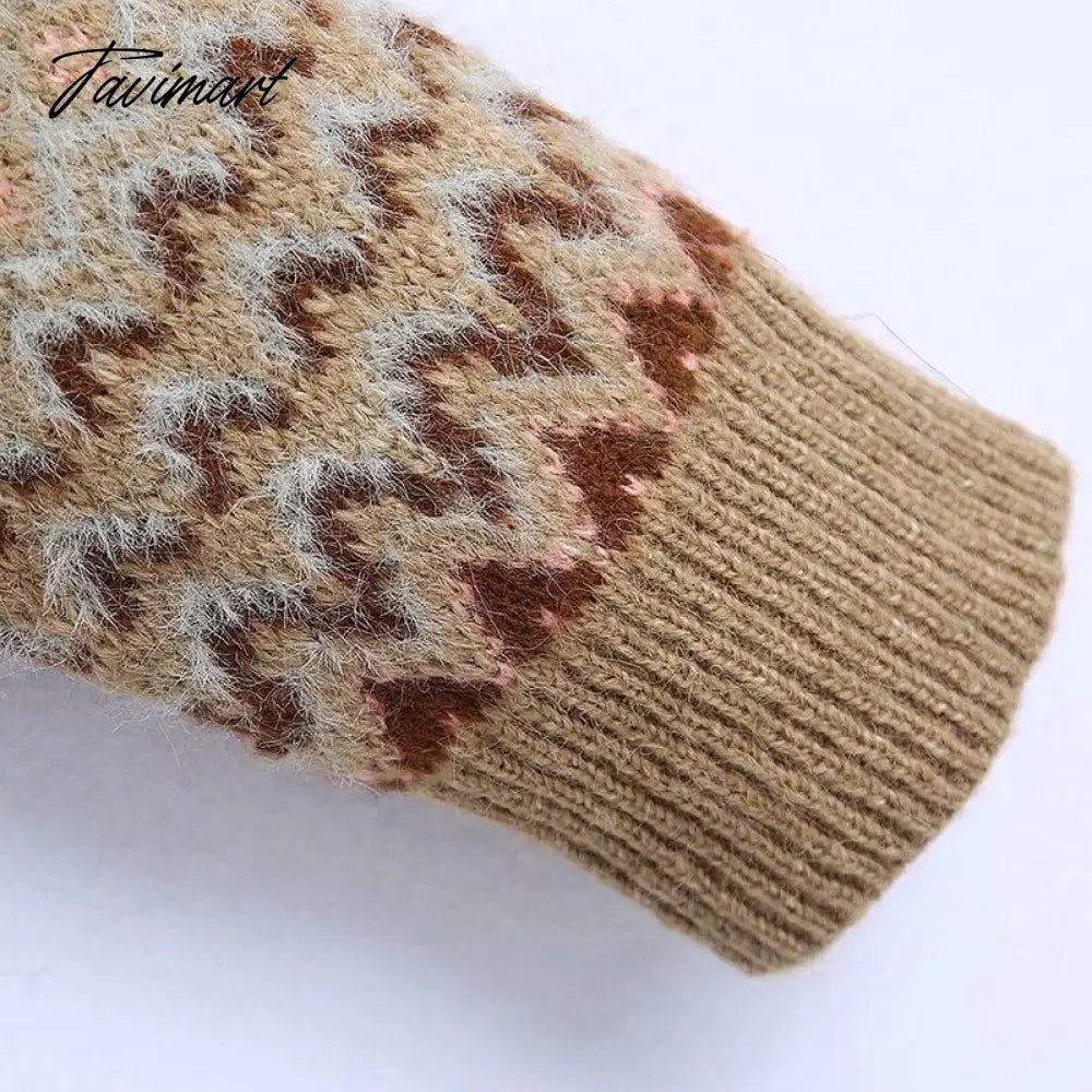 Fashion Brown Geometry Jacquard Woman Sweaters V Neck Vintage Long Sleeve Winter Pullover Chic Tops