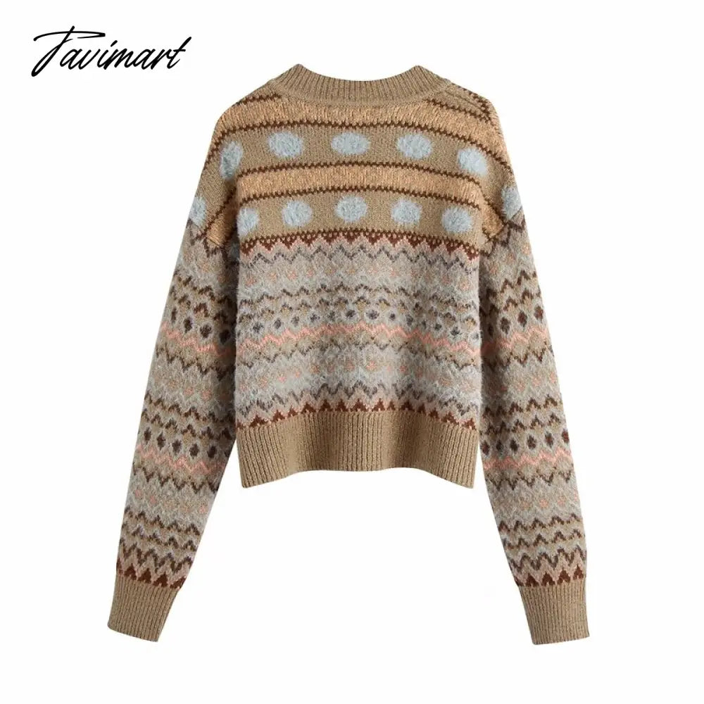 Fashion Brown Geometry Jacquard Woman Sweaters V Neck Vintage Long Sleeve Winter Pullover Chic Tops
