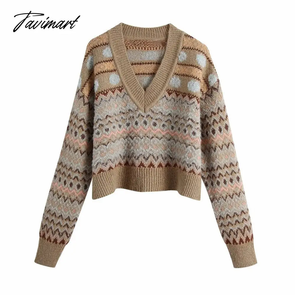 Fashion Brown Geometry Jacquard Woman Sweaters V Neck Vintage Long Sleeve Winter Pullover Chic Tops