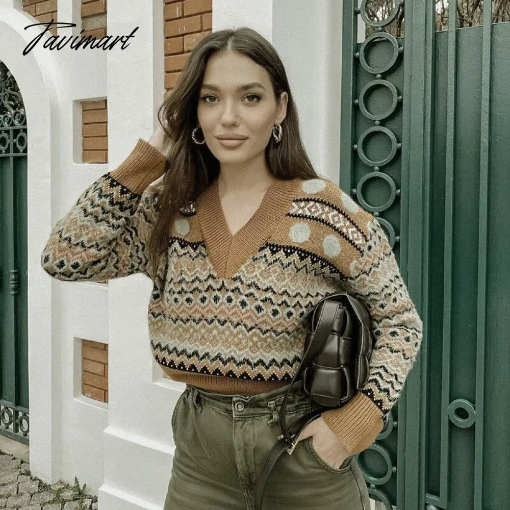 Fashion Brown Geometry Jacquard Woman Sweaters V Neck Vintage Long Sleeve Winter Pullover Chic Tops