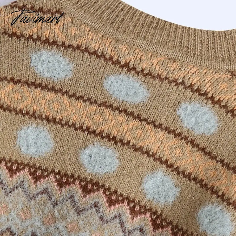 Fashion Brown Geometry Jacquard Woman Sweaters V Neck Vintage Long Sleeve Winter Pullover Chic Tops