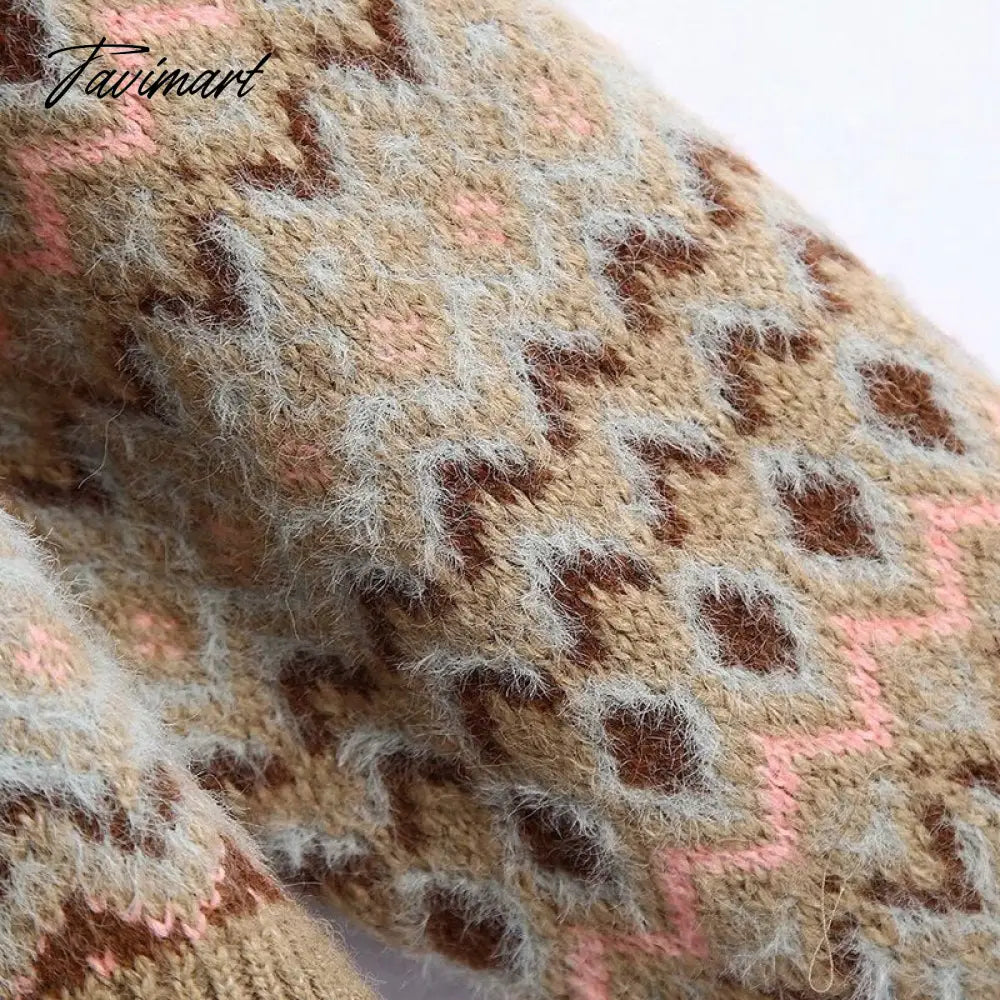 Fashion Brown Geometry Jacquard Woman Sweaters V Neck Vintage Long Sleeve Winter Pullover Chic Tops