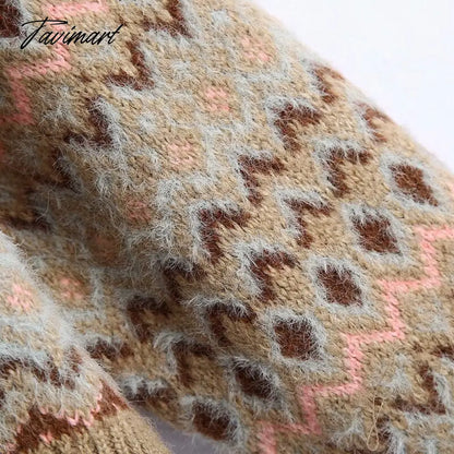 Fashion Brown Geometry Jacquard Woman Sweaters V Neck Vintage Long Sleeve Winter Pullover Chic Tops