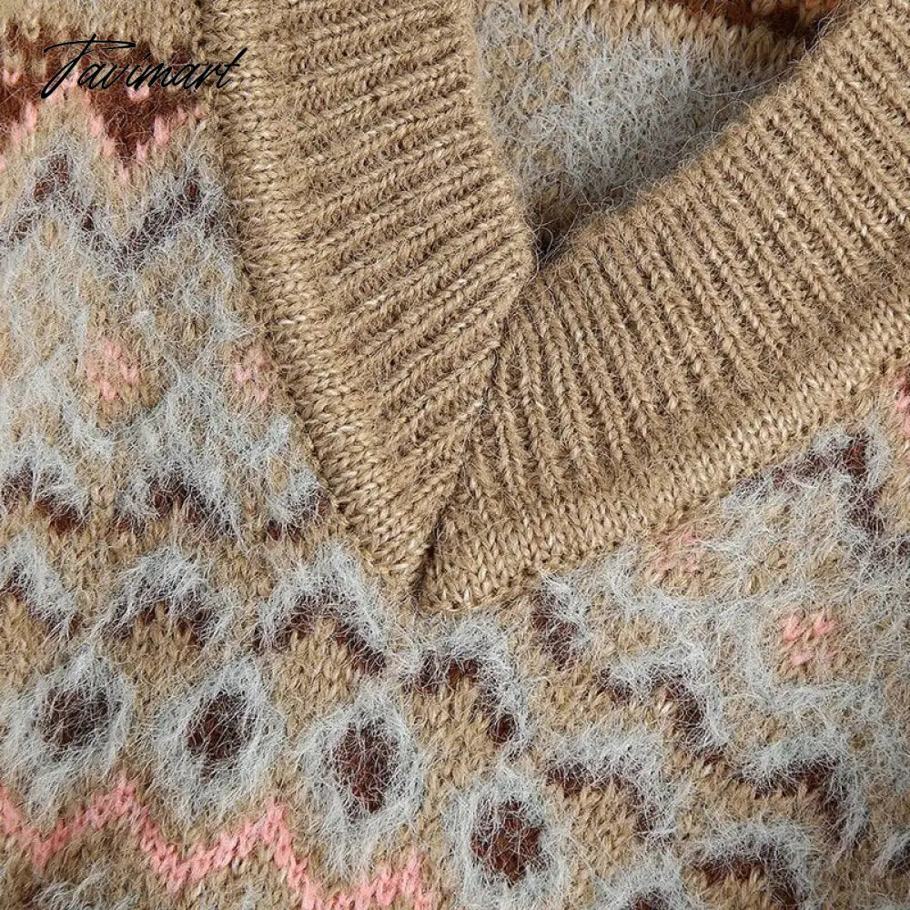 Fashion Brown Geometry Jacquard Woman Sweaters V Neck Vintage Long Sleeve Winter Pullover Chic Tops