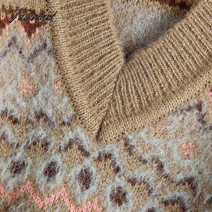 Fashion Brown Geometry Jacquard Woman Sweaters V Neck Vintage Long Sleeve Winter Pullover Chic Tops