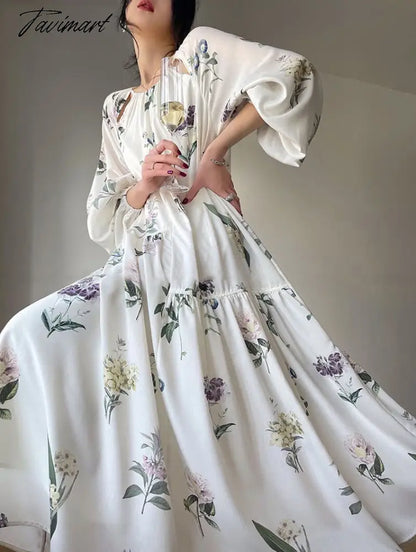 Fashion Chic Vintage Hollow Put Women Floral Dress Summer Elegant O-neck Full Sleeve Lace-up Loose Waist Female A-line Dress 848
