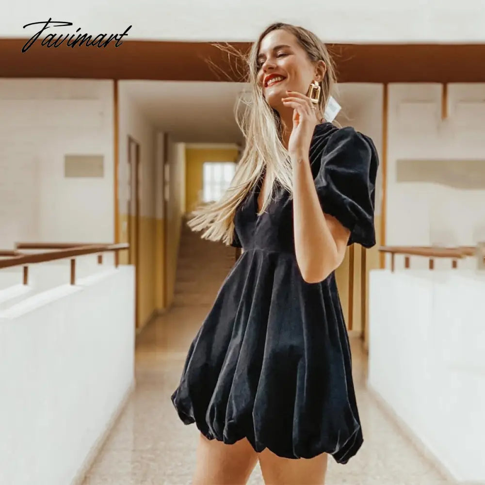 Fashion Deep V Puff Sleeve Black Woman Dress Palace Wind Vintage Mini Dress Spring Elegant Party Dress