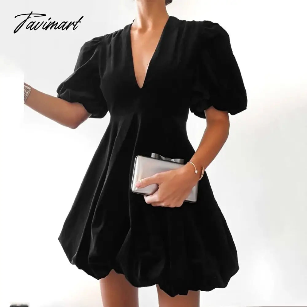 Fashion Deep V Puff Sleeve Black Woman Dress Palace Wind Vintage Mini Dress Spring Elegant Party Dress