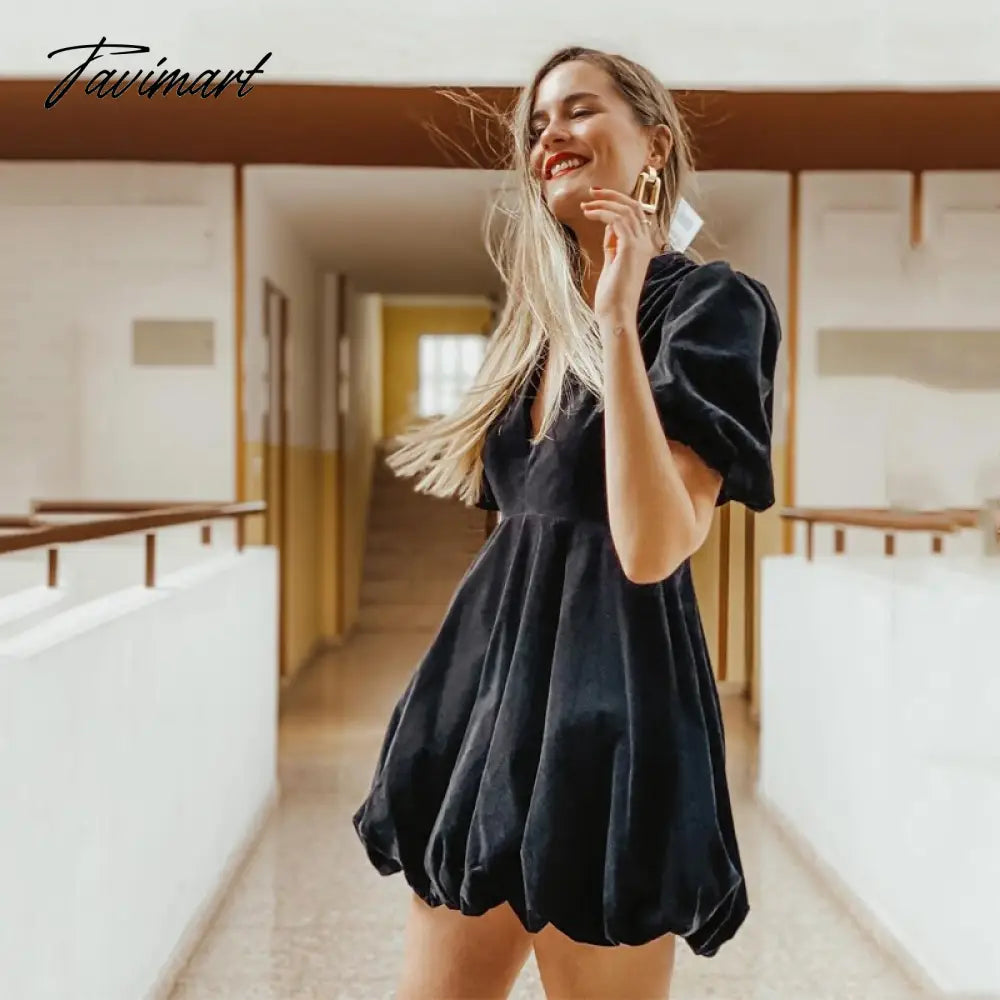 Fashion Deep V Puff Sleeve Black Woman Dress Palace Wind Vintage Mini Dress Spring Elegant Party Dress