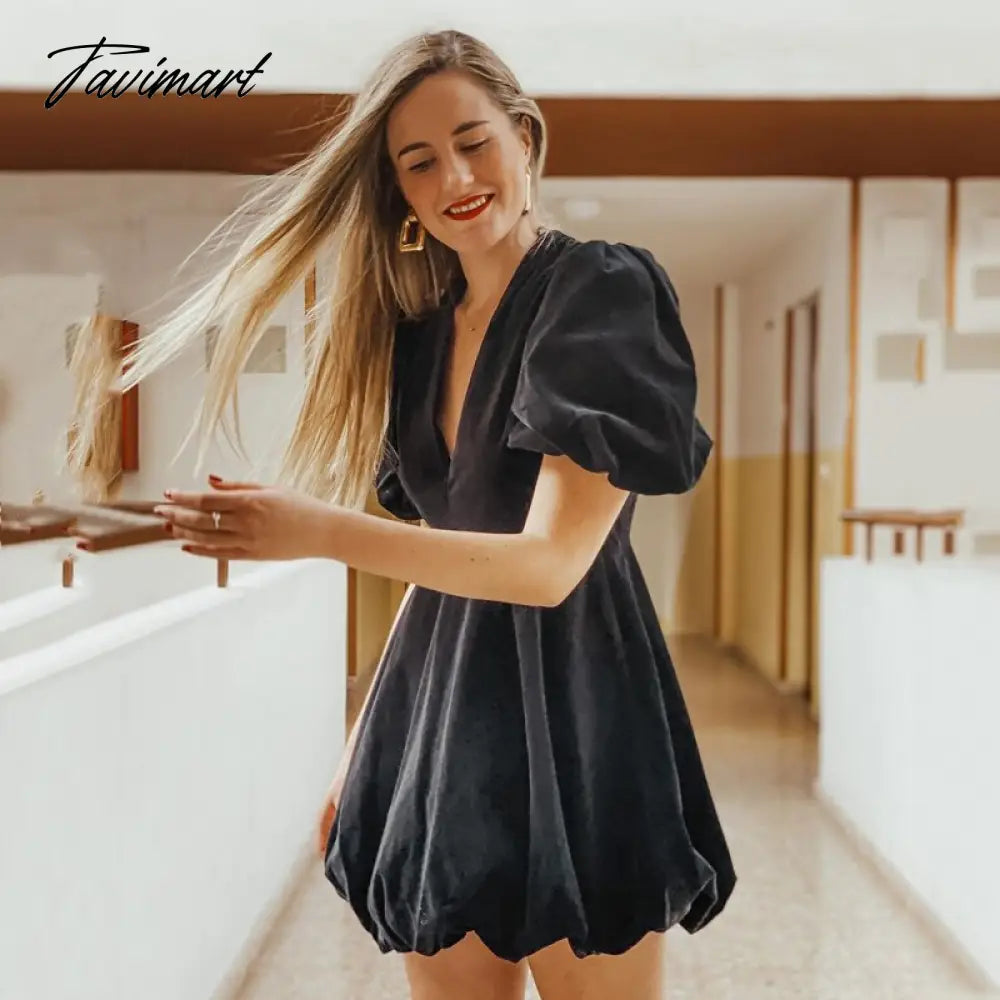 Fashion Deep V Puff Sleeve Black Woman Dress Palace Wind Vintage Mini Dress Spring Elegant Party Dress