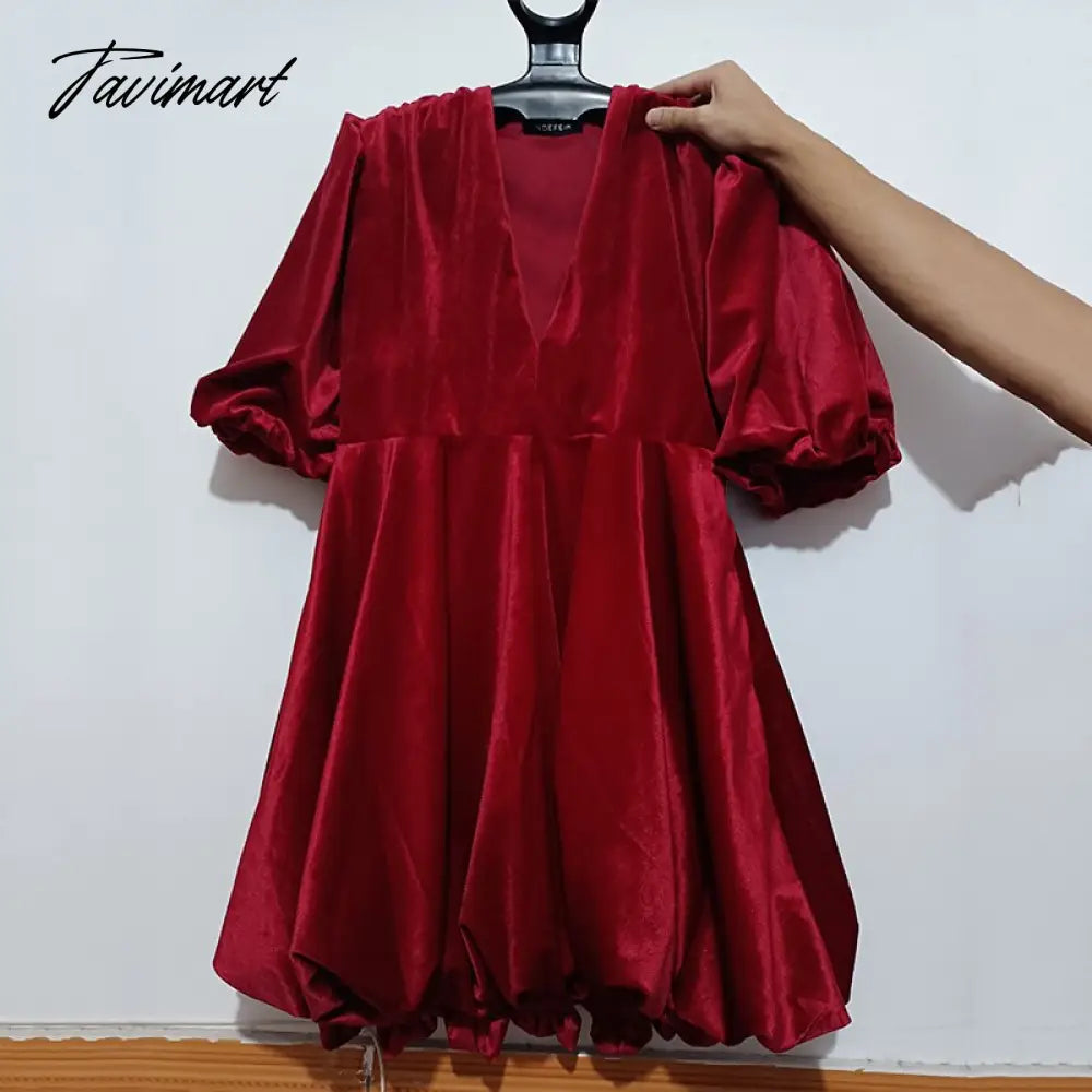 Fashion Deep V Puff Sleeve Black Woman Dress Palace Wind Vintage Mini Dress Spring Elegant Party Dress