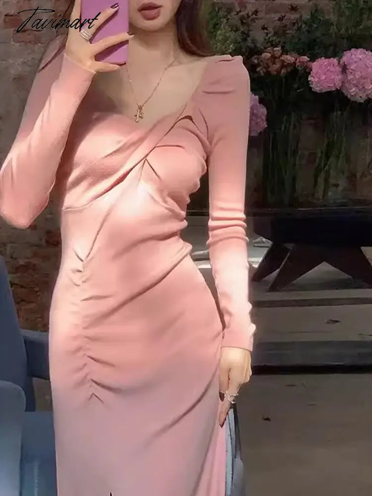 Fashion Dress for Women Long Sleeve Party French Style Dresses Slim Midi Sweet Solid Folds V Neck New Autumn Winter Dress