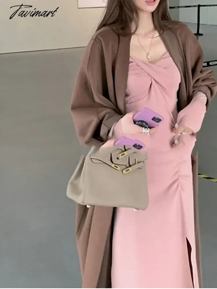 Fashion Dress for Women Long Sleeve Party French Style Dresses Slim Midi Sweet Solid Folds V Neck New Autumn Winter Dress