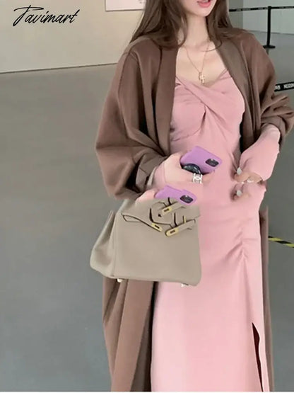 Fashion Dress for Women Long Sleeve Party French Style Dresses Slim Midi Sweet Solid Folds V Neck New Autumn Winter Dress