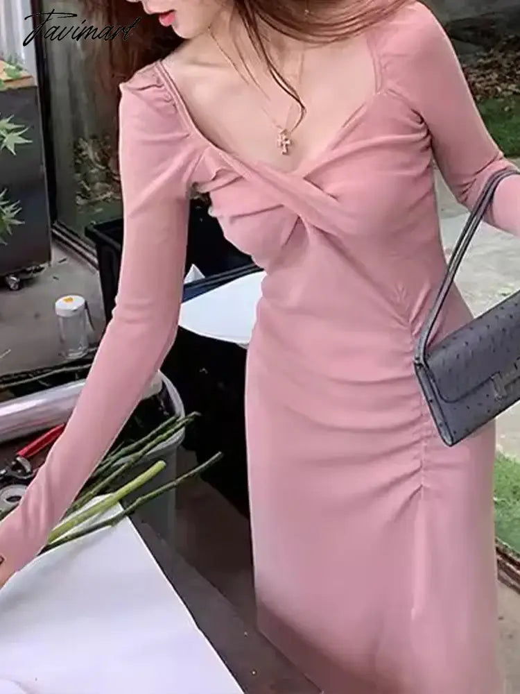 Fashion Dress for Women Long Sleeve Party French Style Dresses Slim Midi Sweet Solid Folds V Neck New Autumn Winter Dress