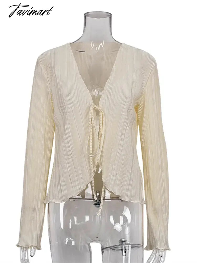 Fashion French Blouse Folds V-Neck Cardigan For Women Long Sleeve Sexy Slim Ruffles Top Summer Casual Streetwears